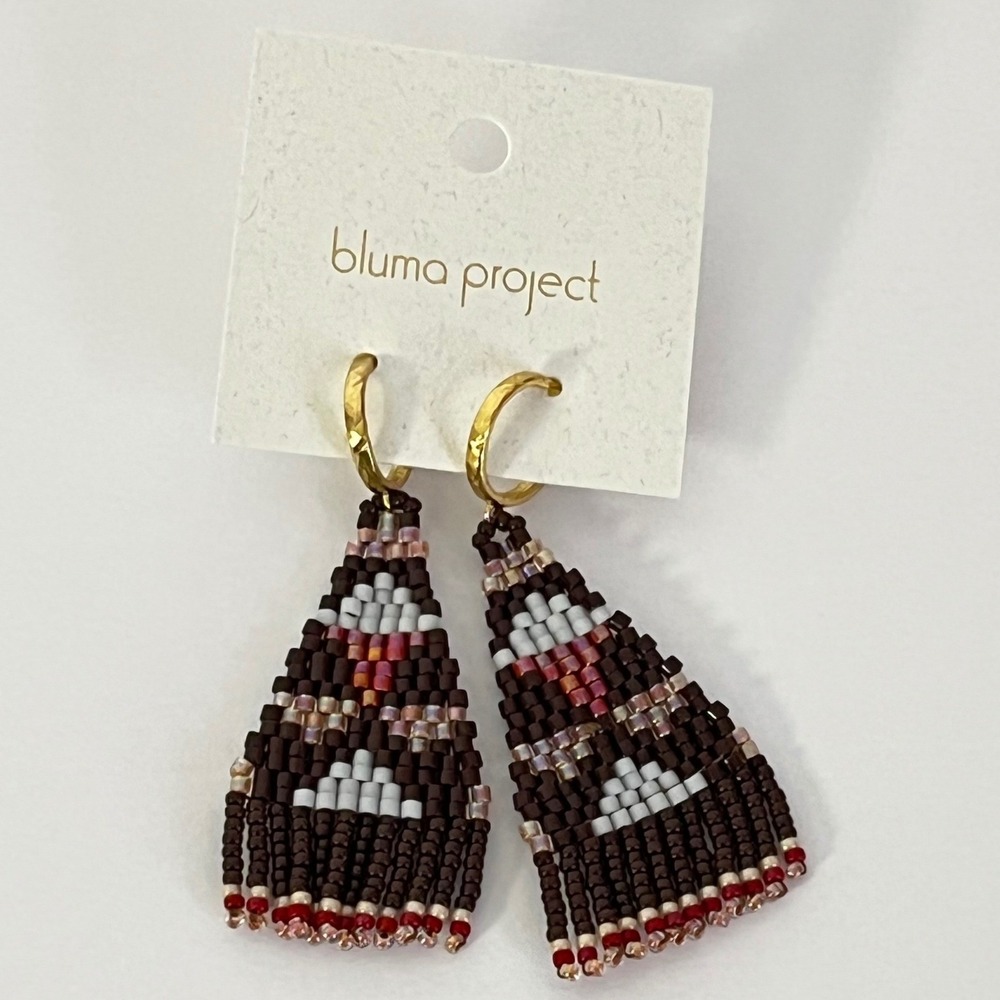 Bluma Project‎ Beaded Fringe Earrings Womens OS Brown Geometric Gold Hoops